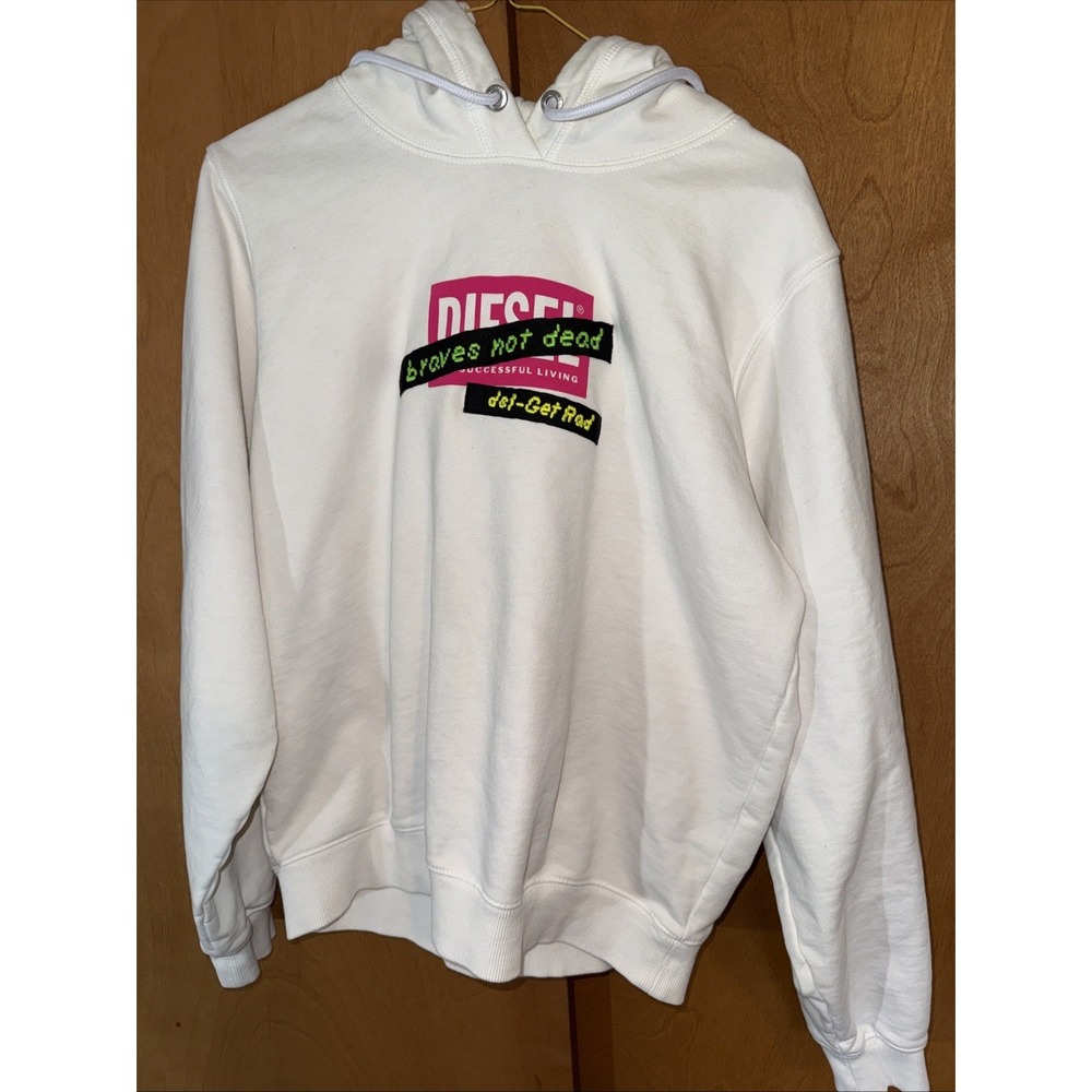 DIESEL Hoodie, Size S, White Solid Color Braves Not Dead, RN93243, CA25594